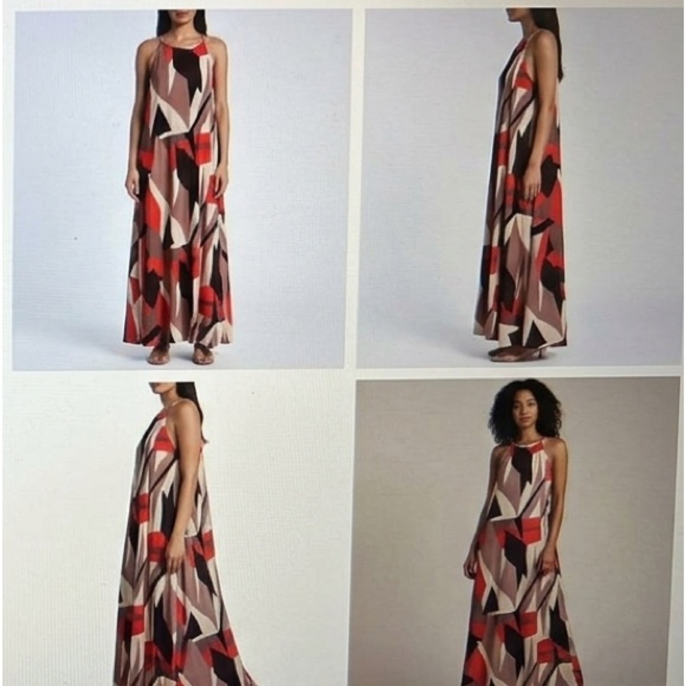 Vintage Retro 70s Geometric Abstract Color Block Maxi Dress Red/Brwn/Cream